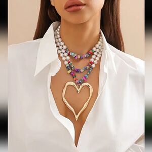 Boho Chic Vibrant Gold Heart Necklace with Pearls and Multicolor Beads